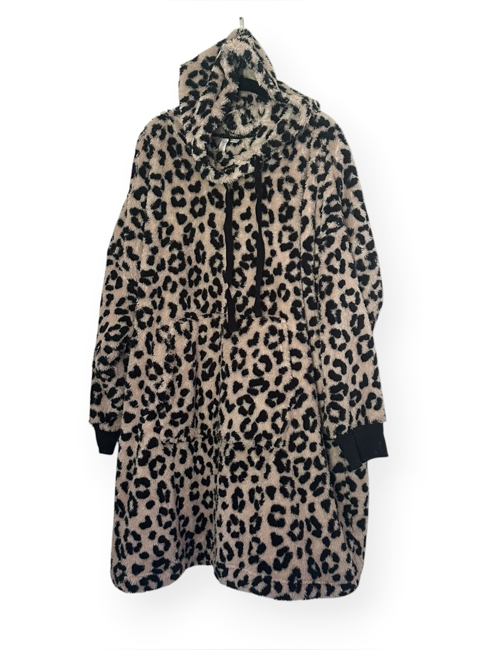 Joyspun Cozy Leopard Print Hooded Teddy Coat - Beige/Black